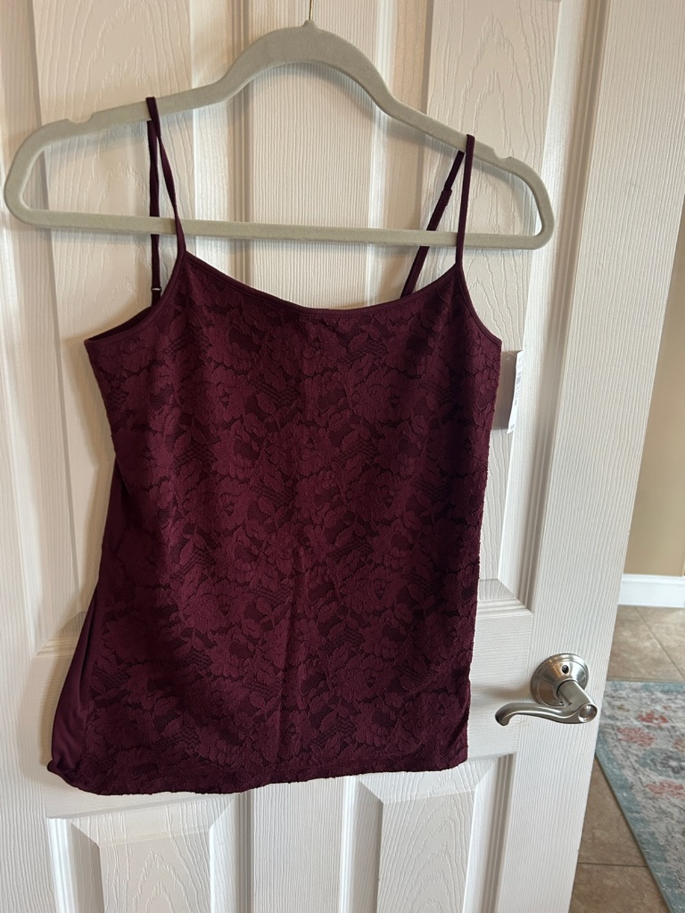 Ann Taylor Lace-Overlay Burgundy Cami with Spaghetti Straps